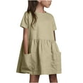 thumbnail image 1 of Efsteb Summer Dress for Girls Cotton Linen Short Sleeve Dress Casual Round Neck Princess Dresses with Pocket (Khaki,11 Years), 1 of 8