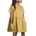 thumbnail image 1 of Efsteb Summer Dress for Girls Cotton Linen Short Sleeve Dress Casual Round Neck Princess Dresses with Pocket (Yellow,7 Years), 1 of 8