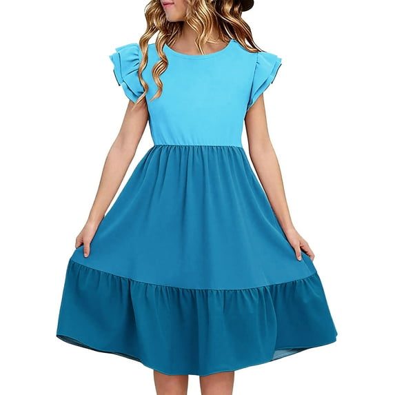 Efsteb Summer Dress for Girls Cute Ruffle Sleeve Dresses Color Block Crewneck Midi Dress (Blue,5 Years)