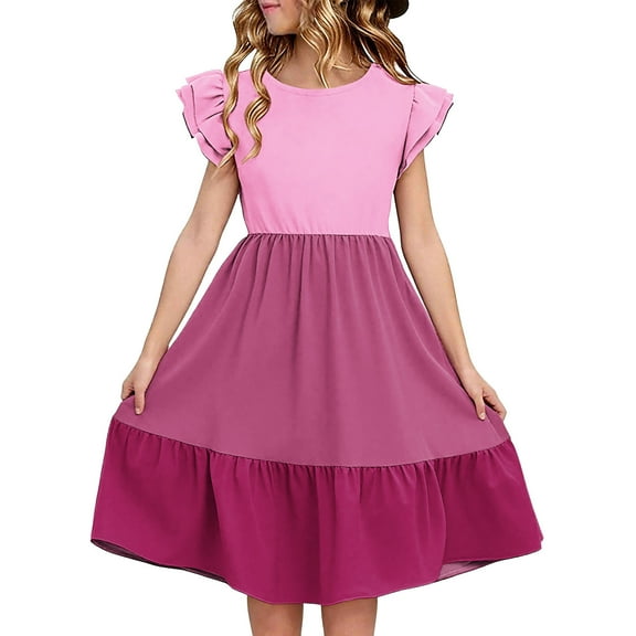 Efsteb Summer Dress for Girls Cute Ruffle Sleeve Dresses Color Block Crewneck Midi Dress (Pink,5 Years)