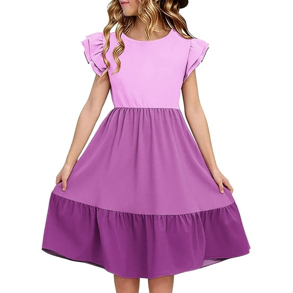 Efsteb Summer Dress for Girls Cute Ruffle Sleeve Dresses Color Block Crewneck Midi Dress (Purple,5 Years)