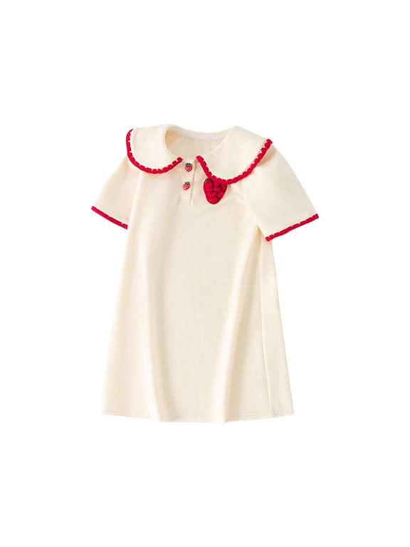 Summer Dress for Girls Cute Strawberry Short Sleeve A-Line Casual Everyday Dress (Beige,4 Years)