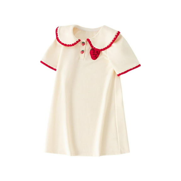 Efsteb Summer Dress for Girls Cute Strawberry Short Sleeve A-Line Casual Everyday Dress (Beige,7 Years)