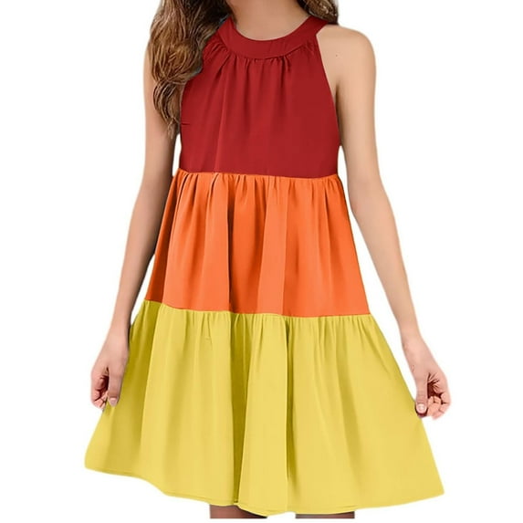 Efsteb Summer Dress for Girls Fashion Color Block Sleeveless Dress Casual Round Neck Beach Sundress (Orange,4-5 Years)