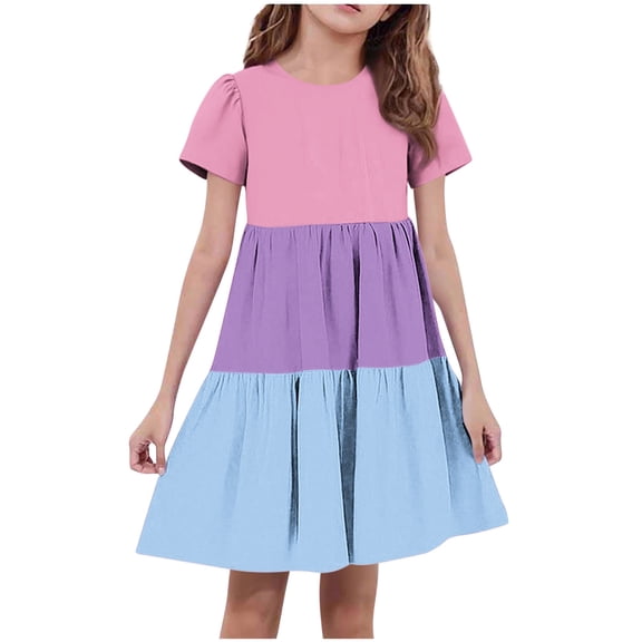Efsteb Summer Dress for Girls Flowy Short Sleeve A-Line Midi Sundress Casual Stretch Comfy Fashion Outfits (Pink,4-5 Years)