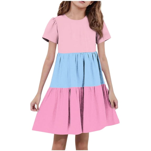Efsteb Summer Dress for Girls Flowy Short Sleeve A-Line Midi Sundress Casual Stretch Comfy Fashion Outfits (Sky Blue,4-5 Years)