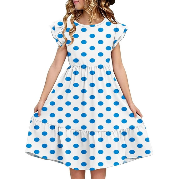 Efsteb Summer Dress for Girls Polka Dots Round Neck Flowy Party Dress Ruffle Short Sleeve Vacation Sundress (Blue,5 Years)