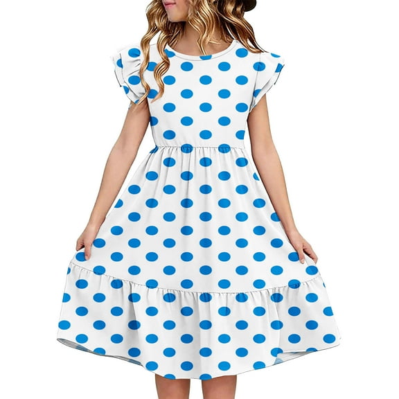 Efsteb Summer Dress for Girls Polka Dots Round Neck Flowy Party Dress Ruffle Short Sleeve Vacation Sundress (Blue,5 Years)
