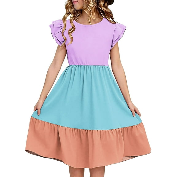 Efsteb Summer Dress for Girls Round Neck Ruffled Sleeve Tiered Midi Dress Sundress (Light Blue,5 Years)