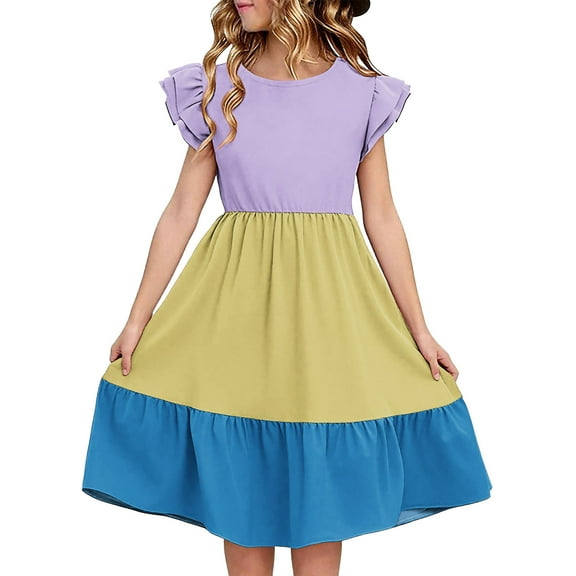 Efsteb Summer Dress for Girls Round Neck Ruffled Sleeve Tiered Midi Dress Sundress (Yellow,5 Years)