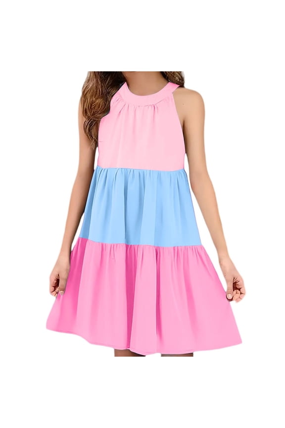 Summer Dress for Girls Round Neck Sleeveless Tank Dress Color Block Casual Sundress (Pink,5-6 Years)