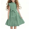 thumbnail image 1 of Efsteb Summer Dress for Girls Ruffle Sleeve Tiered Sundress Solid Color A Line Casual Dresses with Belt (Green,15 Years), 1 of 6