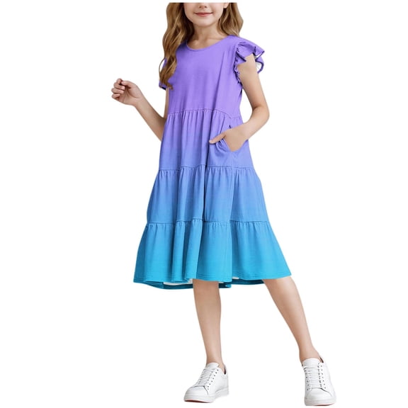 Efsteb Summer Dress for Girls Ruffles Tiered Dresses Flutter Sleeve Flowy Sundress Casual Gradient Dresses (Purple,5 Years)