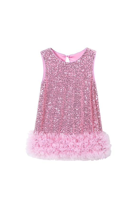 Summer Dress for Girls Sequin Dress Sparkly Gown Party Dresses Little Kids A-Line Velvet Dresses (Pink,9-10 Years)