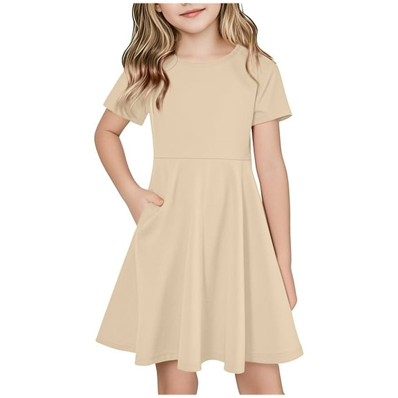 Efsteb Summer Dress for Girls Short Sleeve Dress Solid Color Casual Holiday Party Dresses (Beige,9 Years)