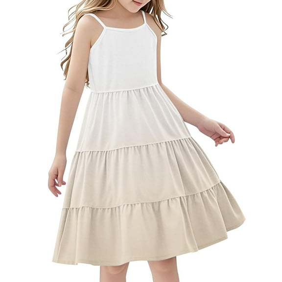 Efsteb Summer Dress for Girls Spaghetti Strap A-Line Dress Casual Sleeveless Boho Flowy Ruffle Tiered Sundress (Beige,7 Years)