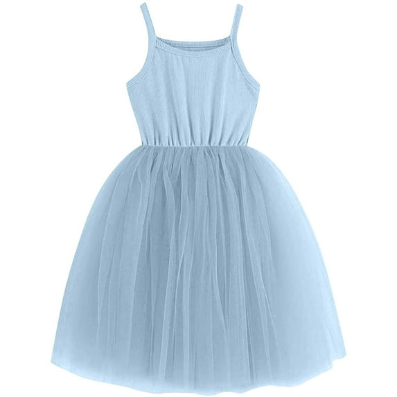 Efsteb Summer Dress for Girls Tutu Dress Fashion Sleeveless Party Sundress Summer Spaghetti Straps Dresses (Blue,7 Years)