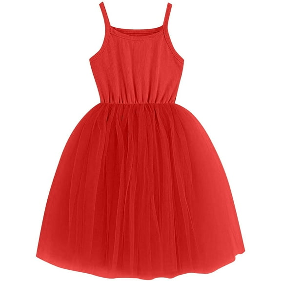 Efsteb Summer Dress for Girls Tutu Dress Fashion Sleeveless Party Sundress Summer Spaghetti Straps Dresses (Red,3 Years)