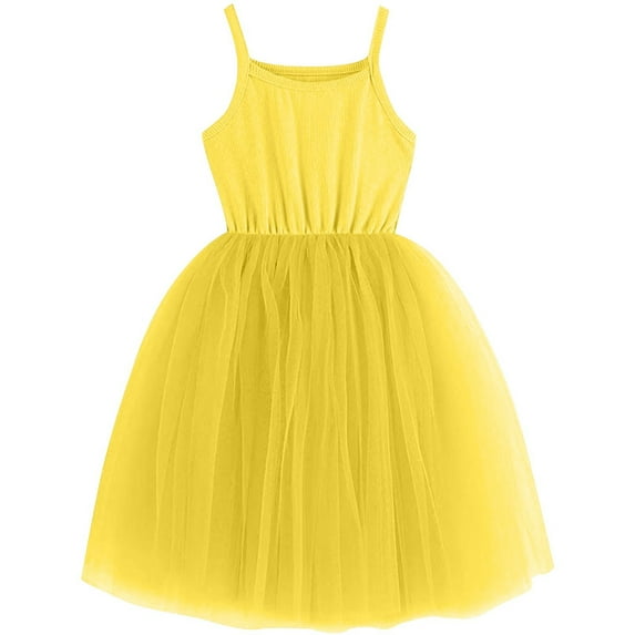 Efsteb Summer Dress for Girls Tutu Dress Fashion Sleeveless Party Sundress Summer Spaghetti Straps Dresses (Yellow,5 Years)