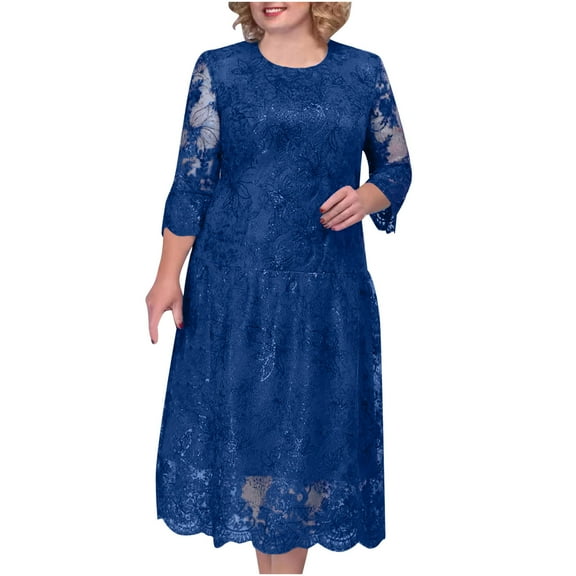 Efsteb Summer Dresses 2025 Plus Size Spring Dress for Women Lace Embroidered Sequin Round Neck Elbow Sleeve Wedding Guest Dresses (Blue,XXXXL)