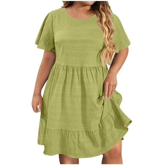 Efsteb Summer Dresses 2025 Plus Size Spring Dress for Women Short Sleeve Crewneck Midi Knee High Ruffle Sundresses (Green,L)