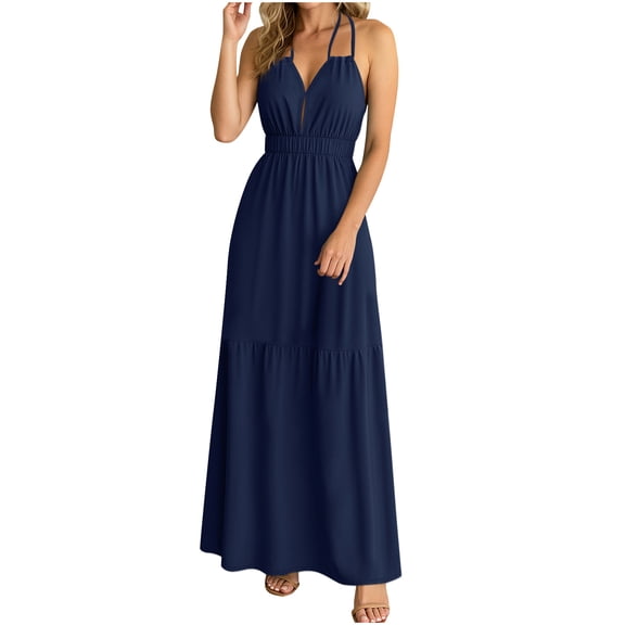 Efsteb Summer Dresses 2025 Trendy Womens Halter Vacation Maxi Dress V Neck Sleeveless Sling High Waisted A-Line Tiered Long Beach Sundress (Navy,S)