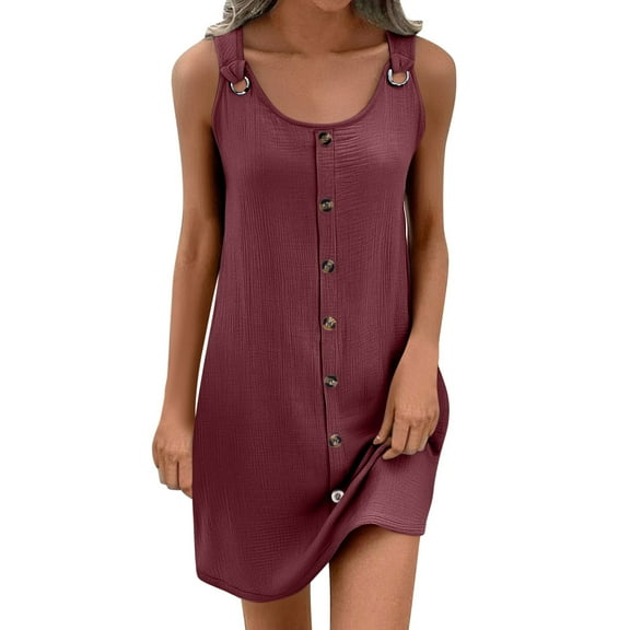 Efsteb Summer Dresses 2025 Trendy Womens Round Neck Button Sleeveless Tank Dress Casual Solid Color Sundress (Wine,L)