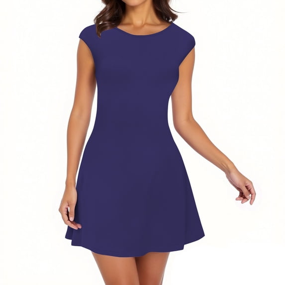 Efsteb Summer Dresses 2025 Womens Casual Crew Neck Slim Short Sleeve Dress Solid Color Comfy Slim Beach Dresses (Dark Blue,M)