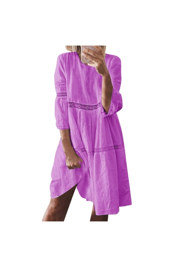 Summer Dresses 2025 Womens Lace Eyelet Embroidery Dresses 3/4 Trumpet Sleeve Crochet Spliced A Line Flowy Boho Midi Dress (Purple,S)