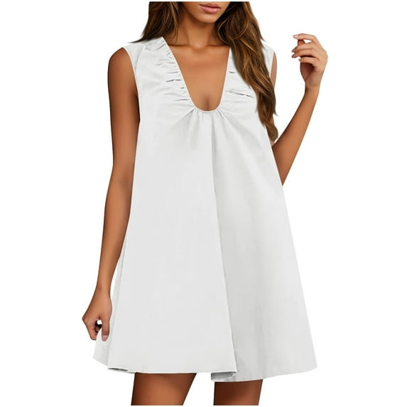 Efsteb Summer Dresses 2025 Womens Sleeveless V Neck Midi Knee High Tank Dress Casual Solid Loose Dresses (White,XXL)