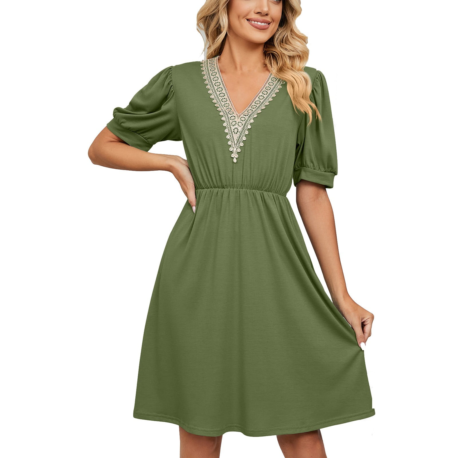 Efsteb Womens Summer Dresses Solid Color Dress V-Neck Dresses Sundresses  Beach Casual Short Sleeve Dress Loose Trendy Midi Dress Clearance Green S 