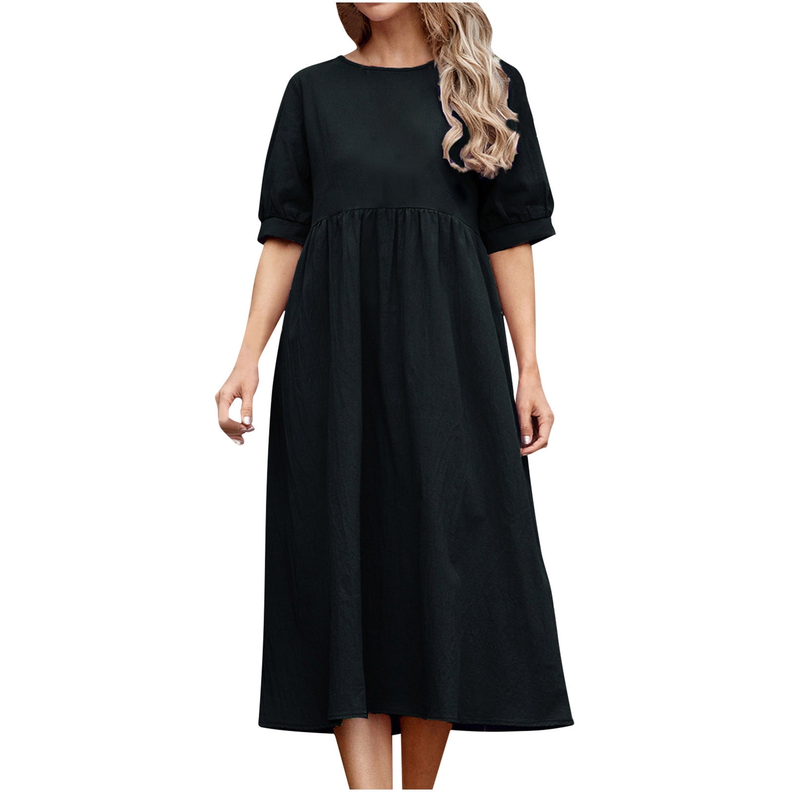 Efsteb Womens Dresses Casual Long Sleeve Dress Crewneck Solid