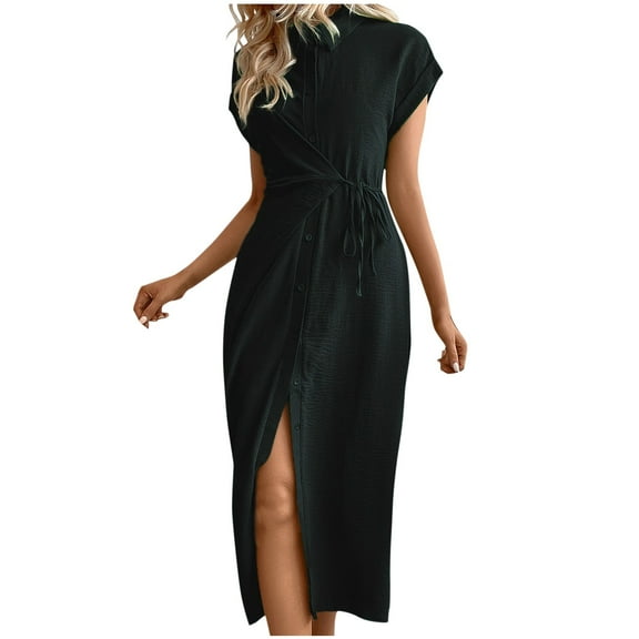 Efsteb Summer Dresses for Women 2025 Crew Neck Button Tie Cardigan Long Dress Fashion Short Sleeve Classic Solid Color Casual Loose Comfy Sundresses Sundresses for Women (Black,L)