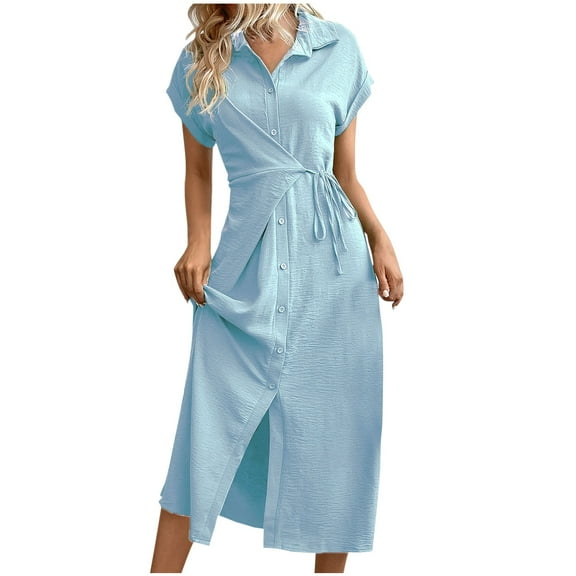Efsteb Summer Dresses for Women 2025 Crew Neck Button Tie Cardigan Long Dress Fashion Short Sleeve Classic Solid Color Casual Loose Comfy Sundresses Sundresses for Women (Light Blue,XL)