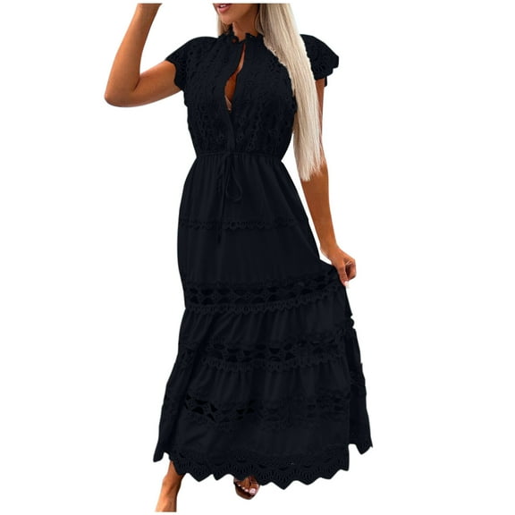 Efsteb Summer Dresses for Women 2025 Crew Neck Hollow Out Lace Tie Tank Dress Sleeveless Sundresses Comfy Fashion Classic Solid Color Casual Loose Sundresses for Women (Black,S)