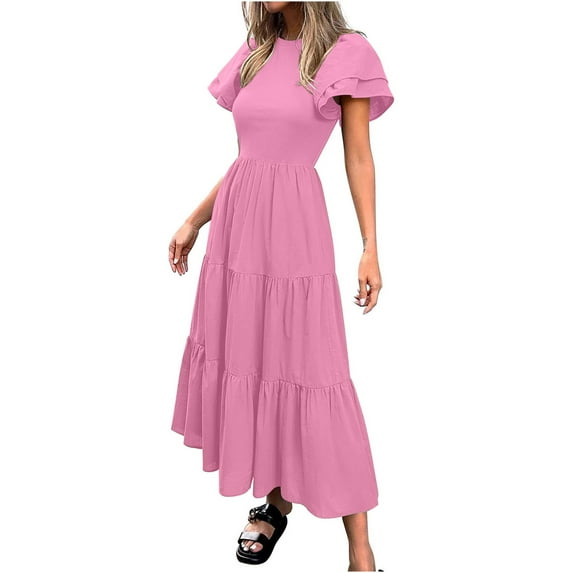 Efsteb Summer Dresses for Women Crew Neck Long Dress Short Sleeve Sundresses Classic Solid Color Casual Loose Comfy Fashion Spring Dresses (Hot Pink,XXL)