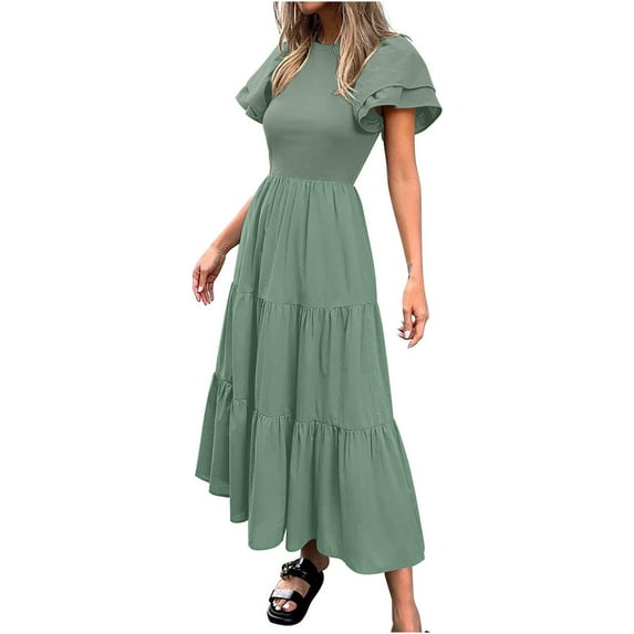Efsteb Summer Dresses for Women Crew Neck Long Dress Short Sleeve Sundresses Classic Solid Color Casual Loose Comfy Fashion Spring Dresses (Mint Green,S)