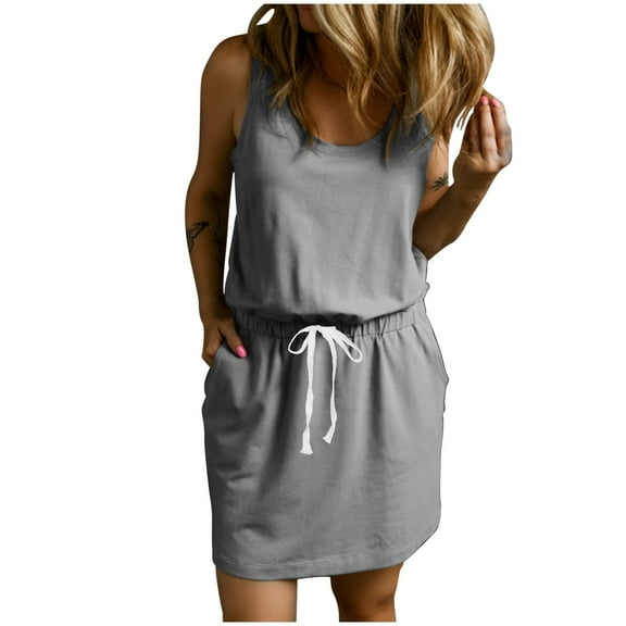 Efsteb Summer Dresses for Women Crew Neck Waist Drawstring Tank Dress with Pocket Classic Solid Color Loose Comfy Fashion Casual Sundresses Sleeveless Spring Dresses (Gray,S)