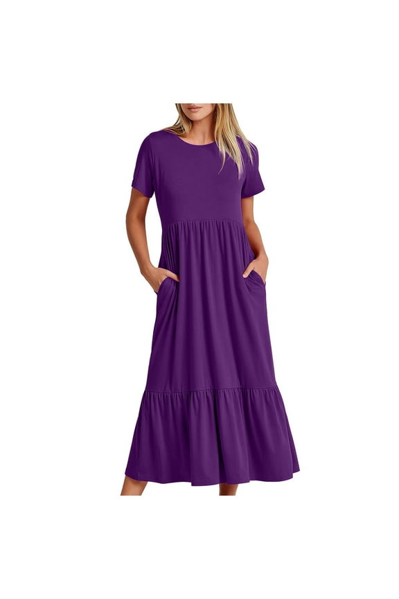 Summer Dresses for Women Plus Size Flowy Tiered Maxi Beach Dress With Pockets Casual Solid Color Trendy Crewneck Short Sleeve Dresses Long Dresses Purple L
