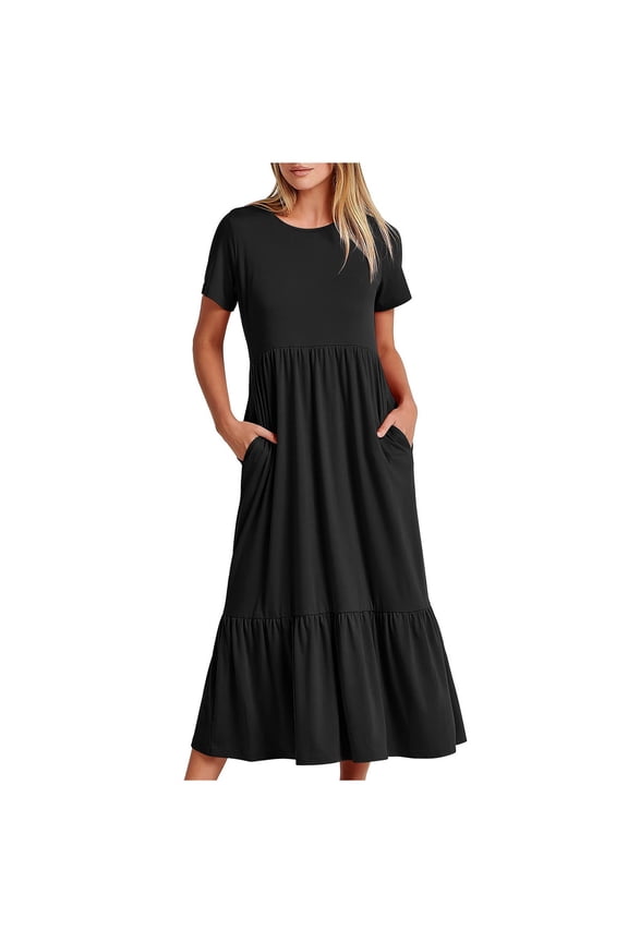 Summer Dresses for Women Plus Size Flowy Tiered Maxi Beach Dress With Pockets Casual Solid Color Trendy Crewneck Short Sleeve Dresses Long Dresses (Z01_Black,XL)