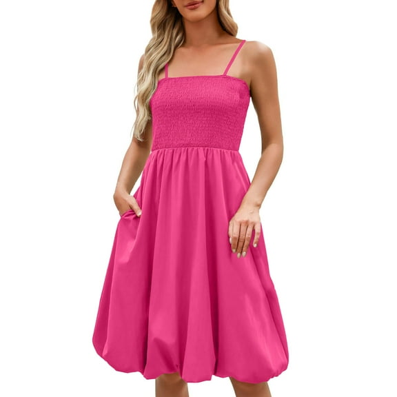 Efsteb Summer Dresses for Women Square Neck Sleeveless Spaghetti Strap Tank Dress Solid Color Beach Casual Midi Bubble Dresses with Pockets (Hot Pink,S)