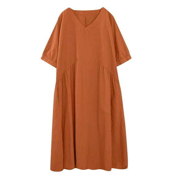Efsteb Summer Dresses for Women V-Neck Cotton Linen Loose Dress with Pocket Short Sleeve Classic Solid Color Fashion Sundresses Loose Casual Comfy Spring Dress (Orange,XL)