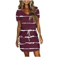 thumbnail image 1 of Efsteb Summer Dresses for Women V-Neck Waist Drawstring Dress with Pocket Sundresses Comfy Fashion Short Sleeve Classic Striped Print Loose Casual Spring Dress (Red,M), 1 of 5