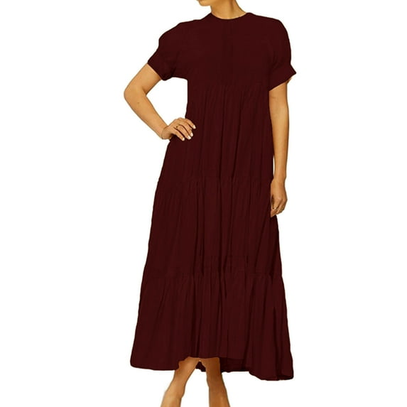 Efsteb Summer Dresses for Women 2025 Solid Color Short Sleeve High Neck Pleated Beach Vacation Dress Loose Long Dress (Wine,S)