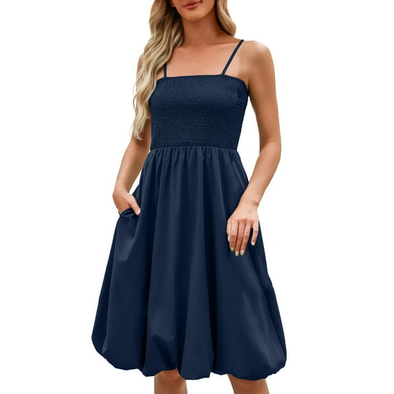 Efsteb Summer Dresses for Women Beach Sleeveless Spaghetti Strap Tank Dress Sundress Casual Midi Bubble Dresses with Pockets (Navy,L)