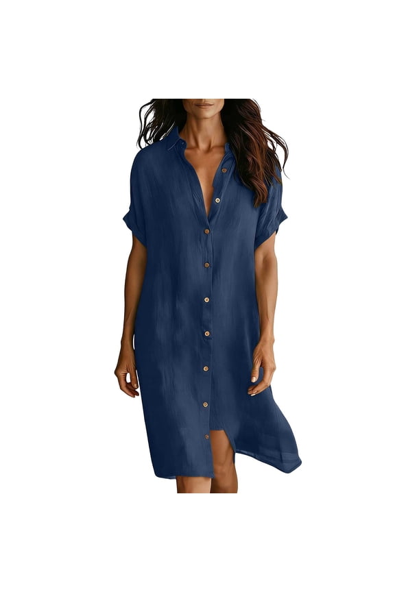 Summer Dresses for Women Casual Button Front Collared Short Sleeve Comfy Tunic Dress Loose Fit Beach Cover Up (Navy,L)