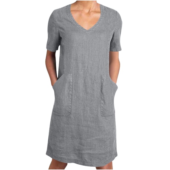 Efsteb Summer Dresses for Women Casual Loose V Neck Baggy Midi Dress Lightweight Beach Sundress Dresses with Pockets (Gray,XL)