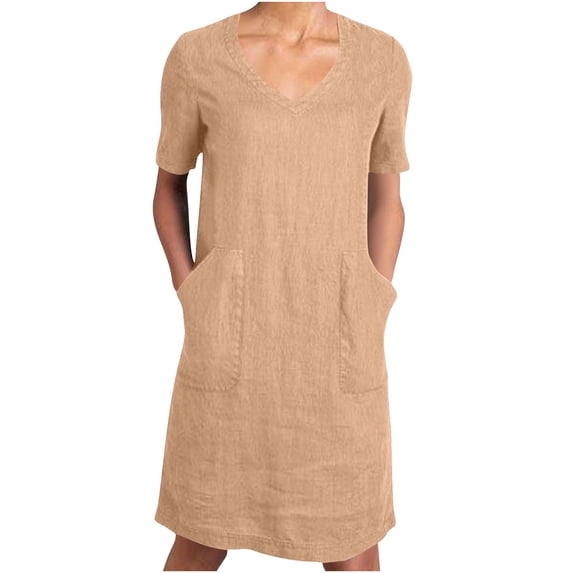 Efsteb Summer Dresses for Women Casual Loose V Neck Baggy Midi Dress Lightweight Beach Sundress Dresses with Pockets (Orange,XL)