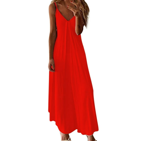 Efsteb Summer Dresses for Women Casual Sleeveless Spaghetti Straps V Neck Vacation Maxi Dress Long Beach Maxi Dress （Red，M）