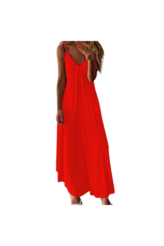 Summer Dresses for Women Casual Sleeveless Spaghetti Straps V Neck Vacation Maxi Dress Long Beach Maxi Dress (Red,M)